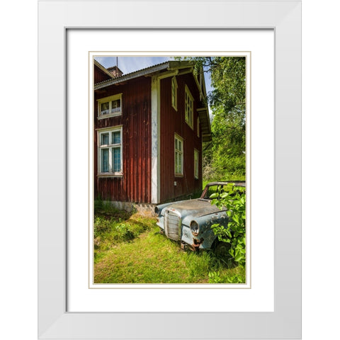 Sweden-Varmland-Bastnas-Bastnas Car Cemetery public park-antique car junkyard White Modern Wood Framed Art Print with Double Matting by Bibikow, Walter