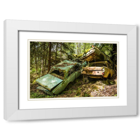 Sweden-Varmland-Bastnas-Bastnas Car Cemetery public park-antique car junkyard White Modern Wood Framed Art Print with Double Matting by Bibikow, Walter