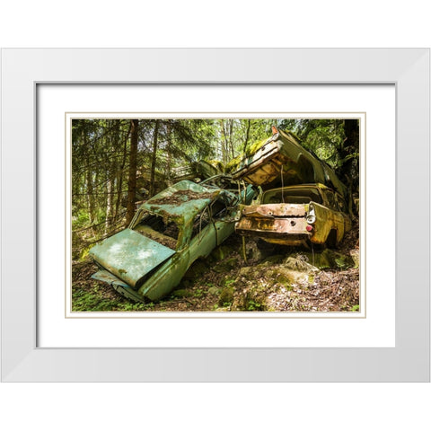 Sweden-Varmland-Bastnas-Bastnas Car Cemetery public park-antique car junkyard White Modern Wood Framed Art Print with Double Matting by Bibikow, Walter