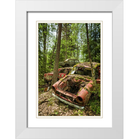 Sweden-Varmland-Bastnas-Bastnas Car Cemetery public park-antique car junkyard White Modern Wood Framed Art Print with Double Matting by Bibikow, Walter