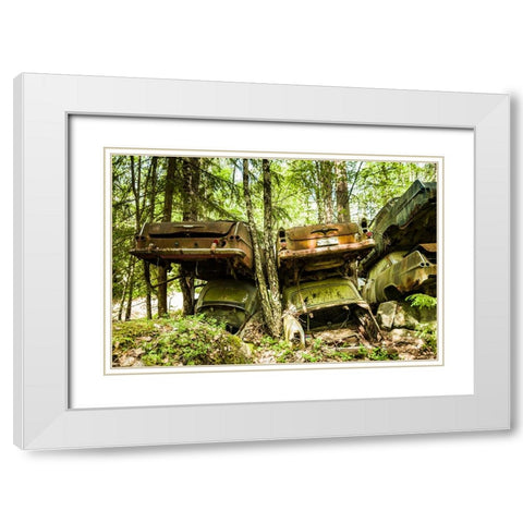 Sweden-Varmland-Bastnas-Bastnas Car Cemetery public park-antique car junkyard White Modern Wood Framed Art Print with Double Matting by Bibikow, Walter