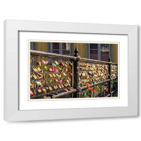 Sweden-Vastmanland-Vasteras-love locks on the Apotekarbron bridge-Old Town White Modern Wood Framed Art Print with Double Matting by Bibikow, Walter