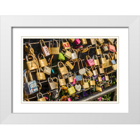 Sweden-Vastmanland-Vasteras-love locks on the Apotekarbron bridge-Old Town White Modern Wood Framed Art Print with Double Matting by Bibikow, Walter
