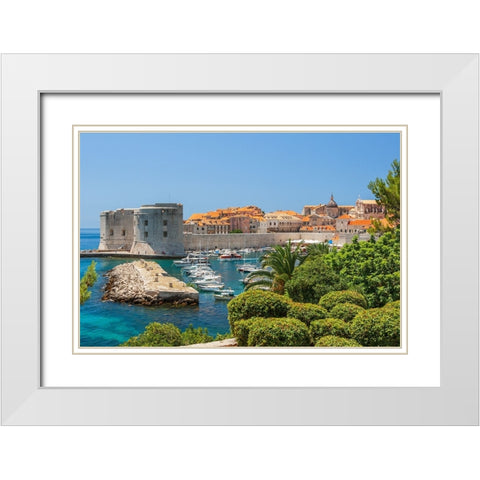 View of boats in Old Port-Dubrovnik-Dalmatian Coast-Adriatic Sea-Croatia-Eastern Europe White Modern Wood Framed Art Print with Double Matting by Haseltine, Tom