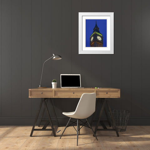 Great Britain, London Big Ben Clock Tower, dusk White Modern Wood Framed Art Print with Double Matting by Flaherty, Dennis