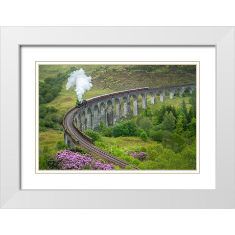 Scotland The Jacobite Train on elevated track White Modern Wood Framed Art Print with Double Matting by Jaynes Gallery