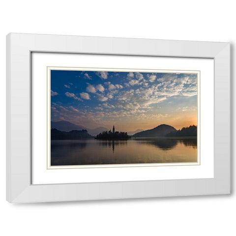 Slovenia Dawn over Lake Bled White Modern Wood Framed Art Print with Double Matting by Tharp, Brenda