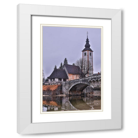 Slovenia-Upper Carniola-Ribcev Laz-Lake Bohinj-Church of St John the Baptist in early morning light White Modern Wood Framed Art Print with Double Matting by Looney, Hollice