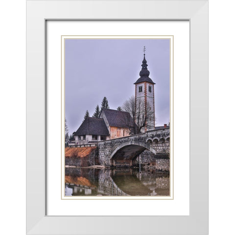 Slovenia-Upper Carniola-Ribcev Laz-Lake Bohinj-Church of St John the Baptist in early morning light White Modern Wood Framed Art Print with Double Matting by Looney, Hollice