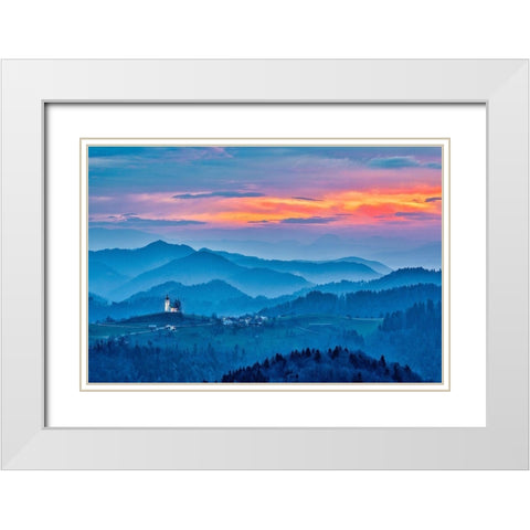 Slovenia-Poljane Sora Valley-hillside church near Gorenja Vas in early morning light White Modern Wood Framed Art Print with Double Matting by Looney, Hollice