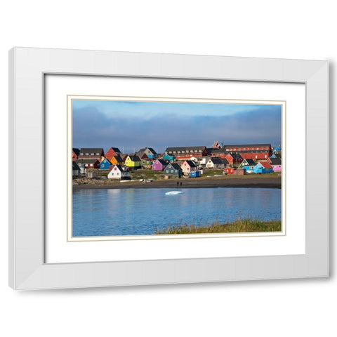 Brightly painted houses on the beach-Qeqertarsuaq-Greenland White Modern Wood Framed Art Print with Double Matting by Su, Keren