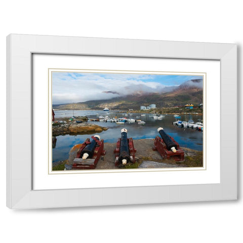 Cannon artillery overlooking the harbor-Qeqertarsuaq-Greenland White Modern Wood Framed Art Print with Double Matting by Su, Keren