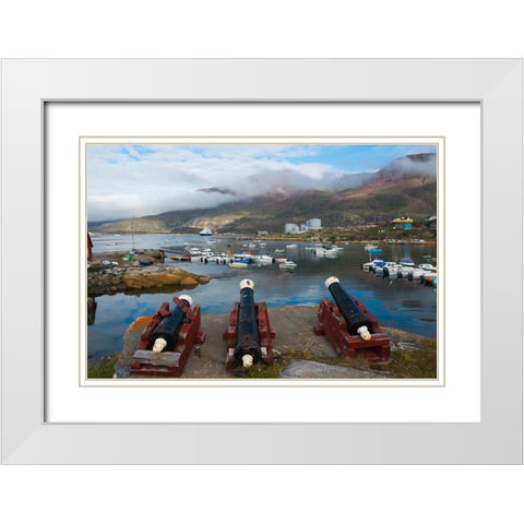Cannon artillery overlooking the harbor-Qeqertarsuaq-Greenland White Modern Wood Framed Art Print with Double Matting by Su, Keren