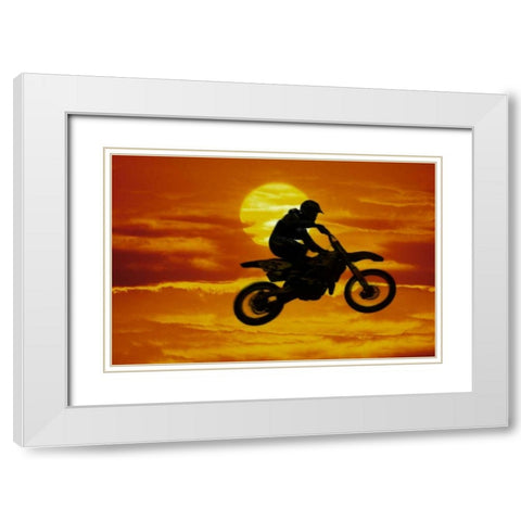 Motocross racer doing jump in front of big sun White Modern Wood Framed Art Print with Double Matting by Satushek, Steve