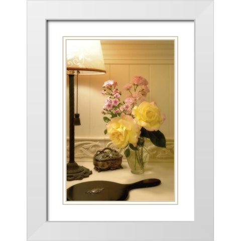 Flower arrangement next to lamp White Modern Wood Framed Art Print with Double Matting by Paulson, Don