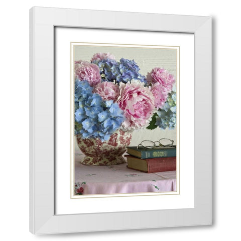 Hydrangea and peony arrangement on table White Modern Wood Framed Art Print with Double Matting by Paulson, Don
