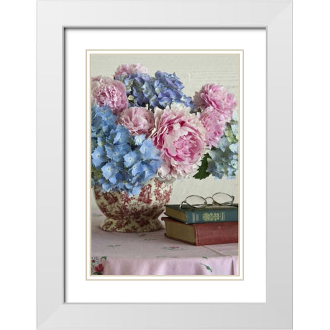 Hydrangea and peony arrangement on table White Modern Wood Framed Art Print with Double Matting by Paulson, Don