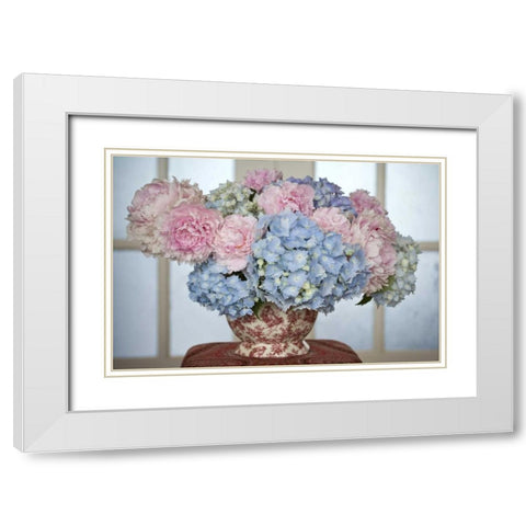 Hydrangea and peony flower arrangement on table White Modern Wood Framed Art Print with Double Matting by Paulson, Don