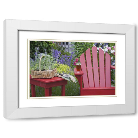 Ice tea rests on red chair while gardening White Modern Wood Framed Art Print with Double Matting by Paulson, Don