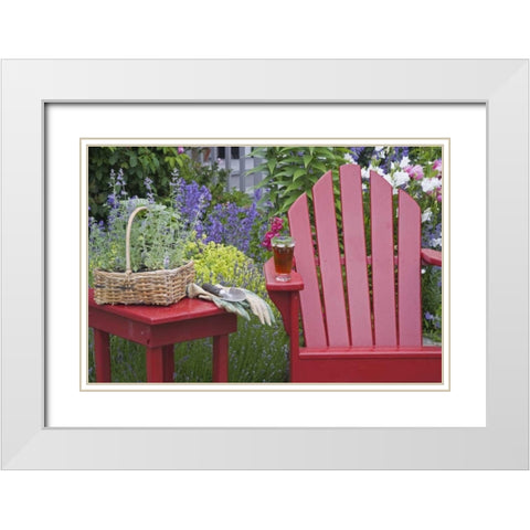 Ice tea rests on red chair while gardening White Modern Wood Framed Art Print with Double Matting by Paulson, Don