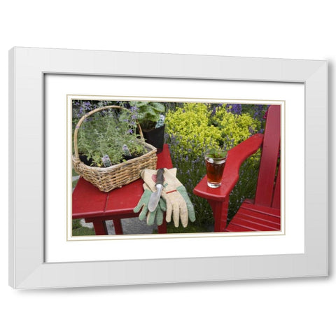 Ice tea rests on red chair while gardening White Modern Wood Framed Art Print with Double Matting by Paulson, Don