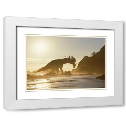 Concept of Amargasaurus dinosaur on ocean shore White Modern Wood Framed Art Print with Double Matting by Zuckerman, Jim