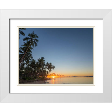 Fiji-Vanua Levu Beach sunset with palm trees White Modern Wood Framed Art Print with Double Matting by Merrill Images