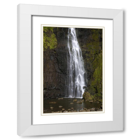 French Polynesia, Tahiti Waterfall ove cliff White Modern Wood Framed Art Print with Double Matting by Kaveney, Wendy