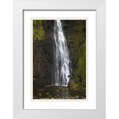 French Polynesia, Tahiti Waterfall ove cliff White Modern Wood Framed Art Print with Double Matting by Kaveney, Wendy