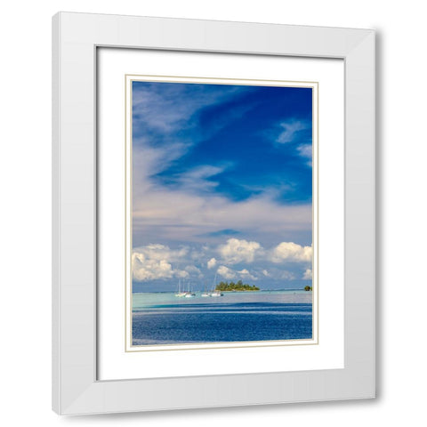 French Polynesia- Moorea. Moored boats and small island. White Modern Wood Framed Art Print with Double Matting by Jaynes Gallery