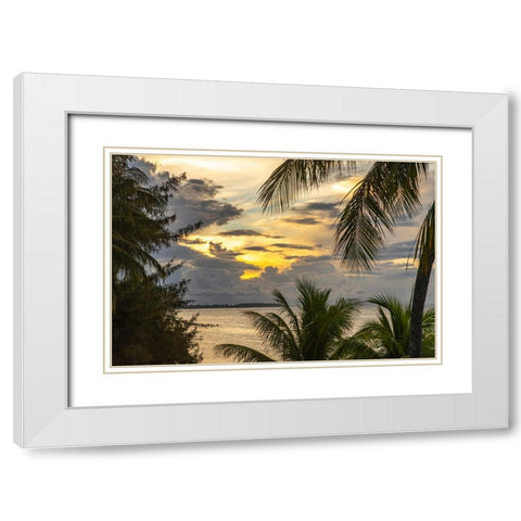 French Polynesia- Moorea. Sunset on island and ocean. White Modern Wood Framed Art Print with Double Matting by Jaynes Gallery