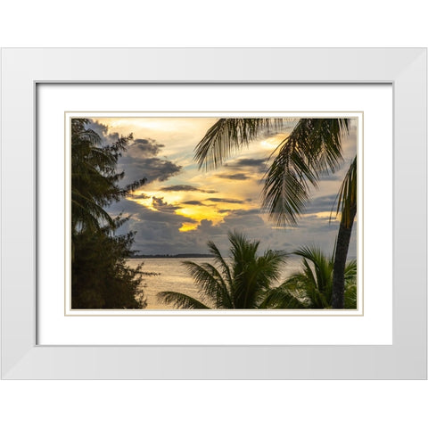 French Polynesia- Moorea. Sunset on island and ocean. White Modern Wood Framed Art Print with Double Matting by Jaynes Gallery