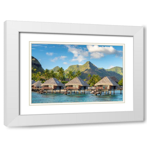 French Polynesia- Moorea. Overwater bungalows. White Modern Wood Framed Art Print with Double Matting by Jaynes Gallery