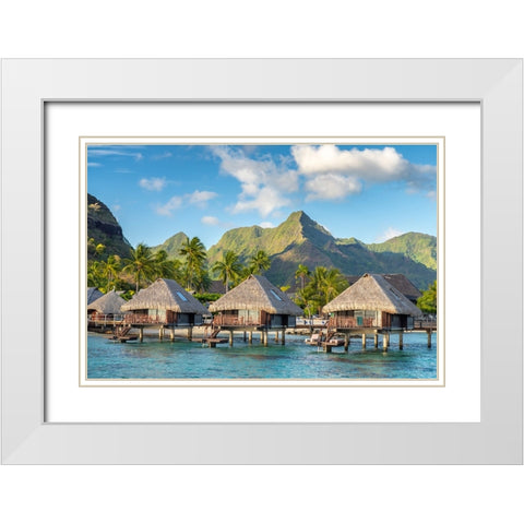 French Polynesia- Moorea. Overwater bungalows. White Modern Wood Framed Art Print with Double Matting by Jaynes Gallery