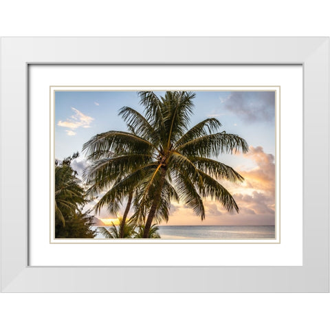 French Polynesia- Moorea. Sunset on island and ocean. White Modern Wood Framed Art Print with Double Matting by Jaynes Gallery