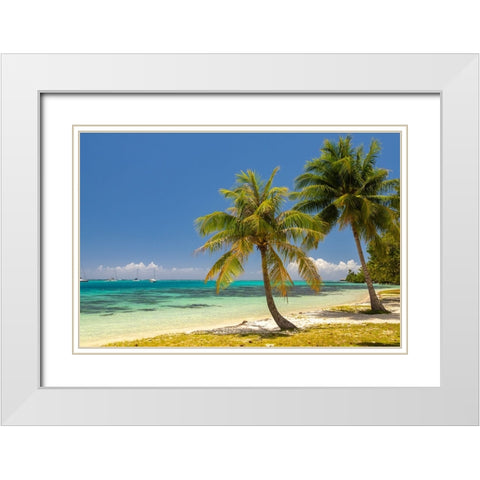 French Polynesia- Moorea. Landscape with moored boats and shore. White Modern Wood Framed Art Print with Double Matting by Jaynes Gallery