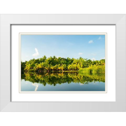 French Polynesia- Tahaa. Tropical jungle reflects in lagoon. White Modern Wood Framed Art Print with Double Matting by Jaynes Gallery