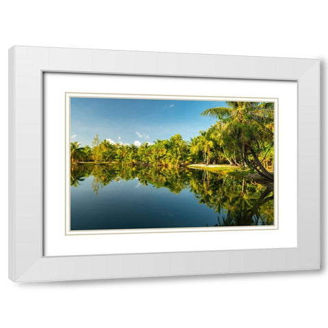 French Polynesia- Tahaa. Tropical jungle reflects in lagoon. White Modern Wood Framed Art Print with Double Matting by Jaynes Gallery