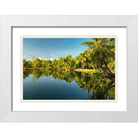 French Polynesia- Tahaa. Tropical jungle reflects in lagoon. White Modern Wood Framed Art Print with Double Matting by Jaynes Gallery