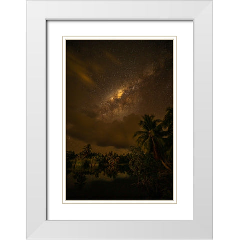 French Polynesia- Tahaa. Palm trees and night sky with Milky Way. White Modern Wood Framed Art Print with Double Matting by Jaynes Gallery