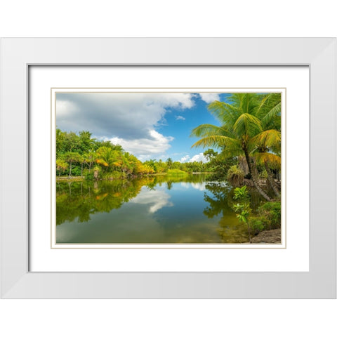 French Polynesia- Tahaa. Tropical jungle reflects in lagoon. White Modern Wood Framed Art Print with Double Matting by Jaynes Gallery