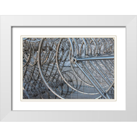 Metal bicycle wheels White Modern Wood Framed Art Print with Double Matting by Hopkins, Cindy Miller