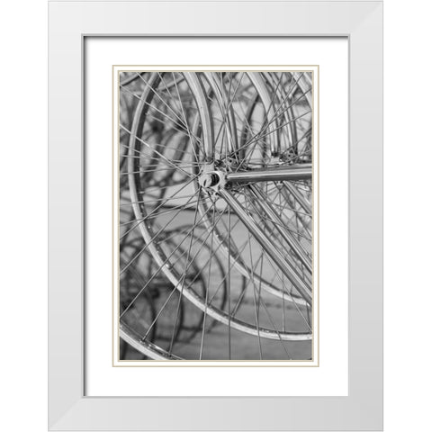 Metal bicycle wheels White Modern Wood Framed Art Print with Double Matting by Hopkins, Cindy Miller