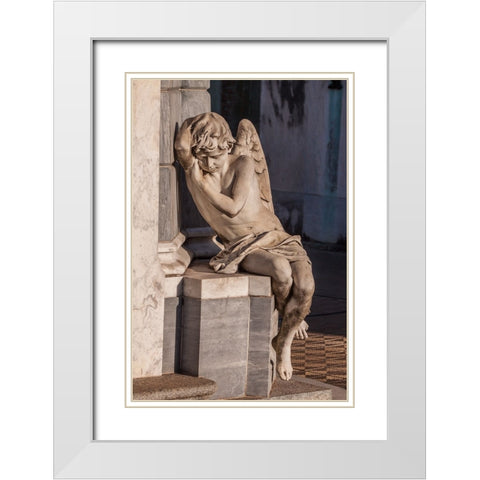 Argentina- Buenos Aires. Statue of an angel at the entrance to a tomb in Recoleta Cemetery. White Modern Wood Framed Art Print with Double Matting by Haseltine, Tom