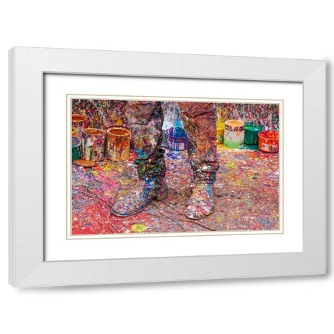 Argentina- Buenos Aires. Colorful paint spatters on artists boots. White Modern Wood Framed Art Print with Double Matting by Haseltine, Tom
