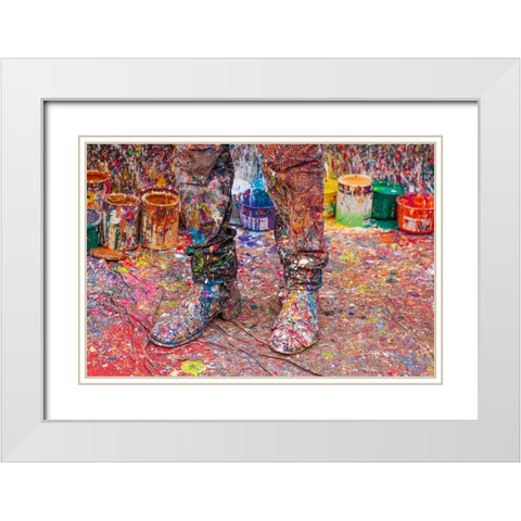 Argentina- Buenos Aires. Colorful paint spatters on artists boots. White Modern Wood Framed Art Print with Double Matting by Haseltine, Tom