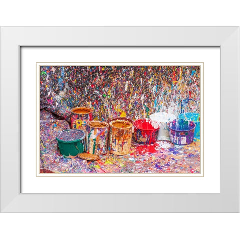 Argentina- Buenos Aires. Colorful paint splatters and buckets. White Modern Wood Framed Art Print with Double Matting by Haseltine, Tom