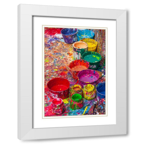 Argentina- Buenos Aires. Colorful paint splatters and buckets. White Modern Wood Framed Art Print with Double Matting by Haseltine, Tom