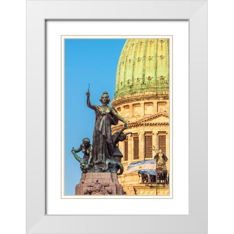 Argentina- Buenos Aires. Statue in front of Capitol building. White Modern Wood Framed Art Print with Double Matting by Haseltine, Tom
