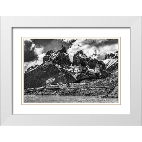 Black and white Large Pehoe Lake Lago Paine Horns three granite peaks-Torres del Paine National Par White Modern Wood Framed Art Print with Double Matting by Perry, William